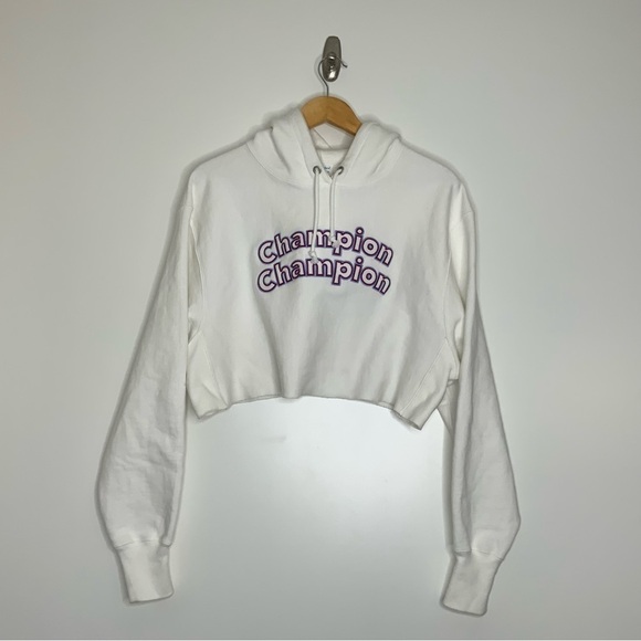 CHAMPION LOGO Reverse Weave Hooded Crop Top Sewater. White. Size Medium. - Picture 1 of 7